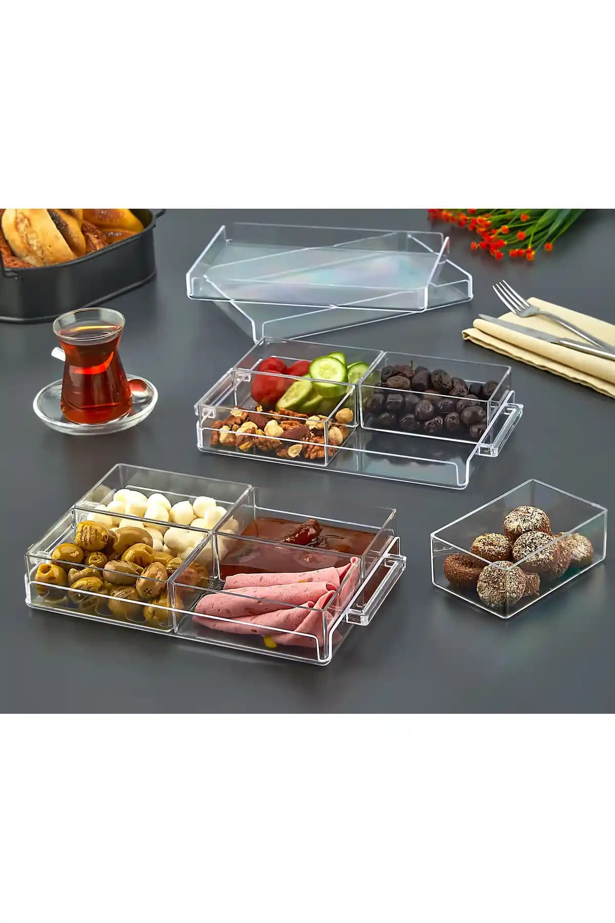 ASlife 2 Adet 4'lü Akrilik Dikdörtgen Kapaklı Kahvaltılık Seti Modern ve Dayanıklı Tasarım