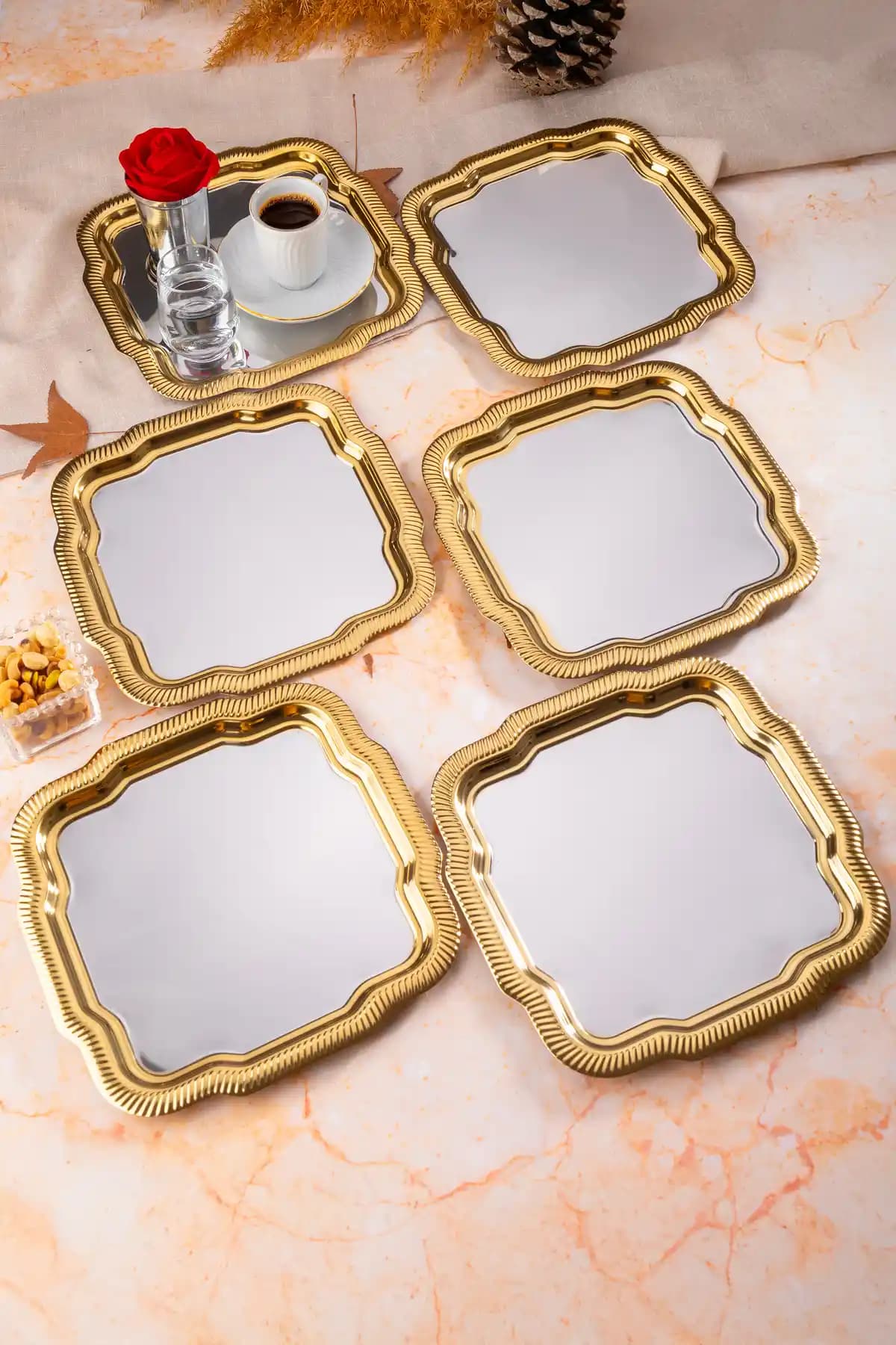 AslıHediyelik 6'lı Lüx Desenli Kenar Kaplamalı Papatya Model Gümüş Servis Seti