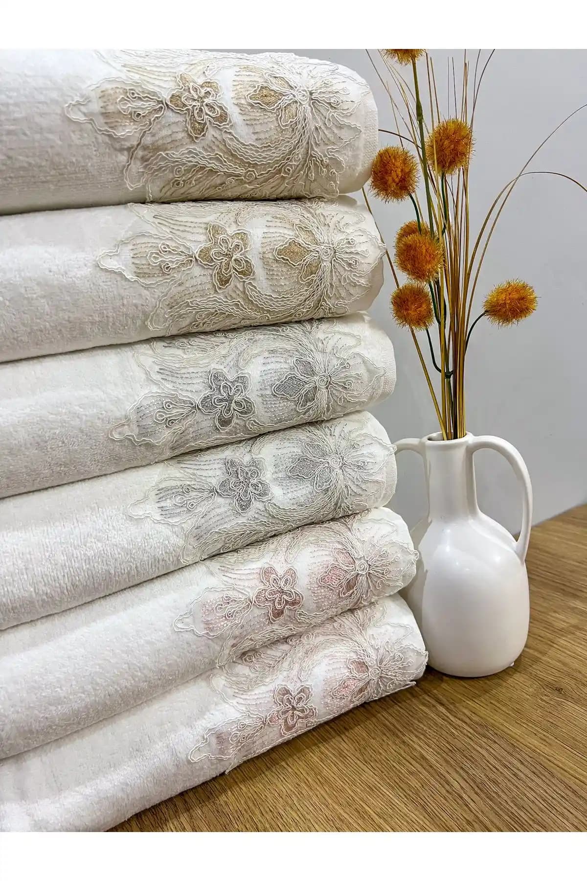 AYHANHOME 6'lı Kadife Güpürlü Çeyizlik Yüksek Kaliteli Havlu Seti