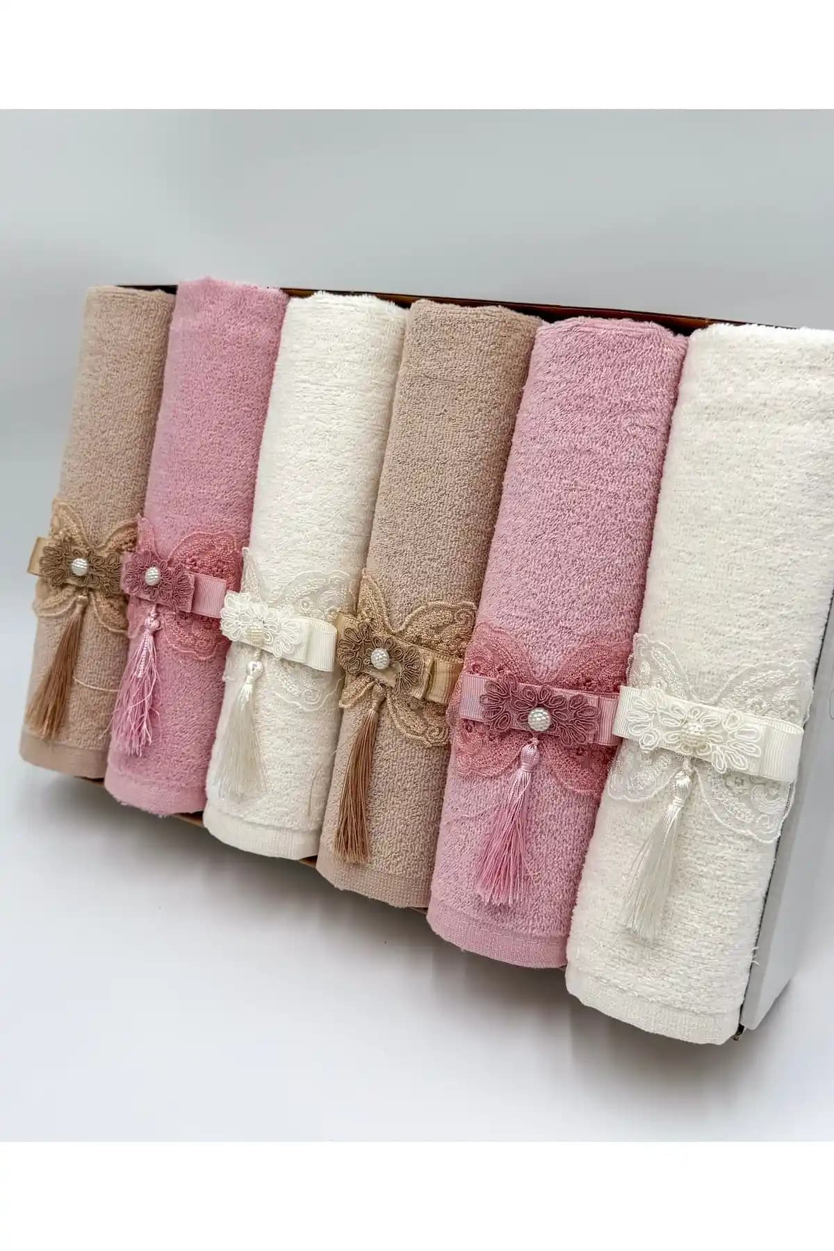 AYHANHOME Güpür İşlemeli Fiyonklu Lüks Çeyizlik Kutulu 50x90 6'lı El Yüz Havlu Seti