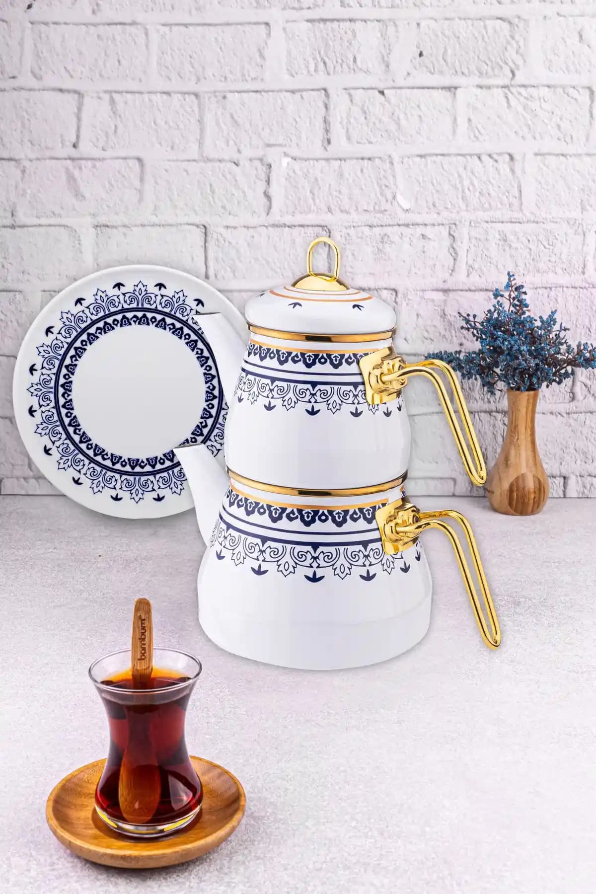 Bambum Lara Emaye Kaplama Desenli Çaydanlık Takımı Modern ve Dayanıklı Tasarım