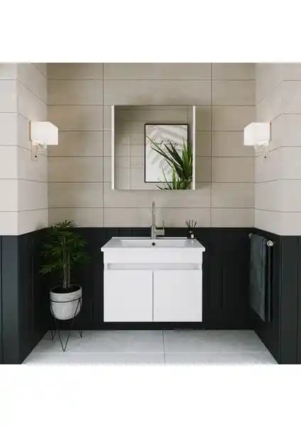 Banos Roomart 2 Kapaklı Lavabolu Beyaz MDF 65 cm Banyo Dolabı ve Aksesuarları