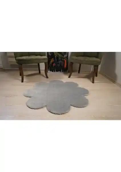 Besely Gri Dekoratif Papatya Model Peluş Halı Yumuşak Kaymaz Taban Modern Tasarım