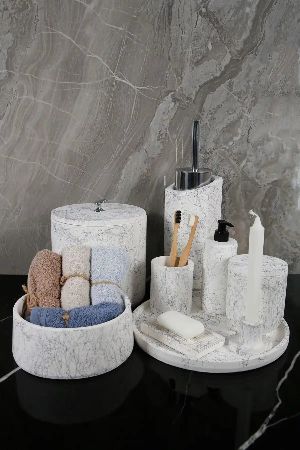 Betonmall 12 Parça Mermer Desenli Beton Banyo Seti Modern ve Şık Tasarım