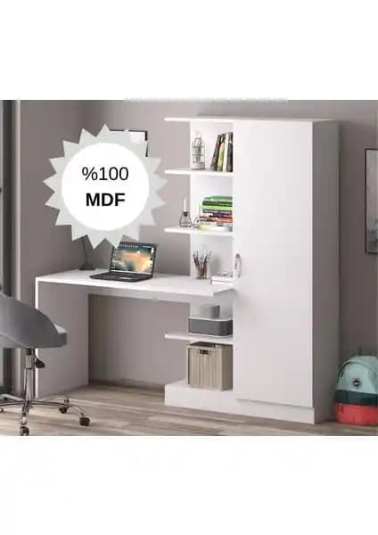 Bicabin MDF Narin Raflı Dolaplı Çalışma Masası Beyaz Modern Tasarım ve Fonksiyonellik