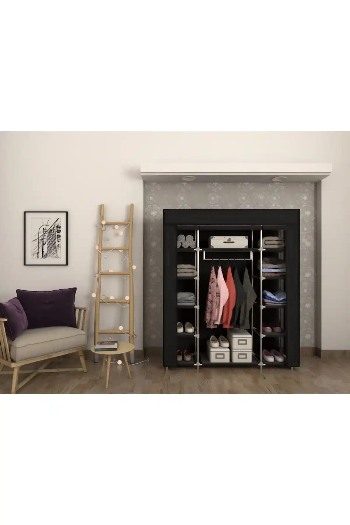 Burak Plastik Siyah Çift Yandan Raflı Bez Dolap: Modern ve İşlevsel Depolama Çözümü