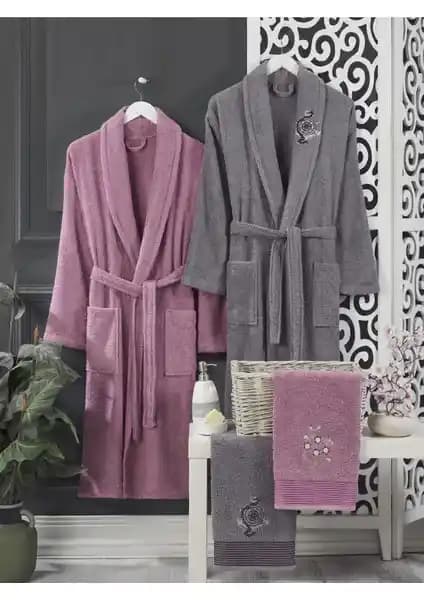 Casnack Mürdüm Antrasit Havlulu Bornoz Seti 4'lü: Şık ve Konforlu Pamuklu Bornozlar