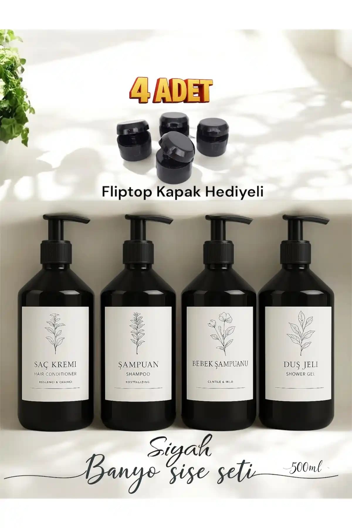 Dem Home Siyah Plastik Banyo Şişe Seti Modern ve Dayanıklı Tasarım