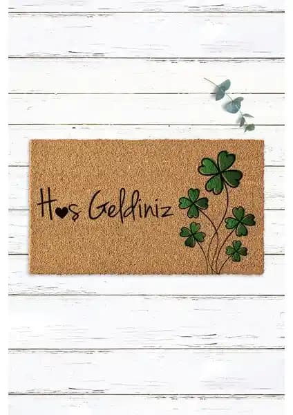 Doğal Hindistan Cevizi İpli Yeşil Yonca Tasarımlı Kapı Paspası 75-90 karakter