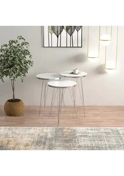 Ege Modüler Beyaz Gümüş Metal Ayaklı 3'lü Zigon Sehpa Modern ve Şık Tasarım