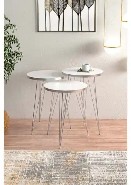 Ege Modüler Beyaz Güüş Metal Ayaklı Zigon Sehpa Seti Modern Tasarım ve Dayanıklılık