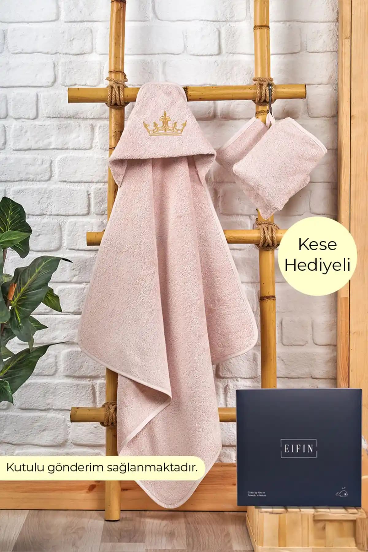 Eifin Bambu Taç Nakışlı Bebek Havlu ve Kundak Seti Doğal ve Güvenli Bebek Bakım Ürünü
