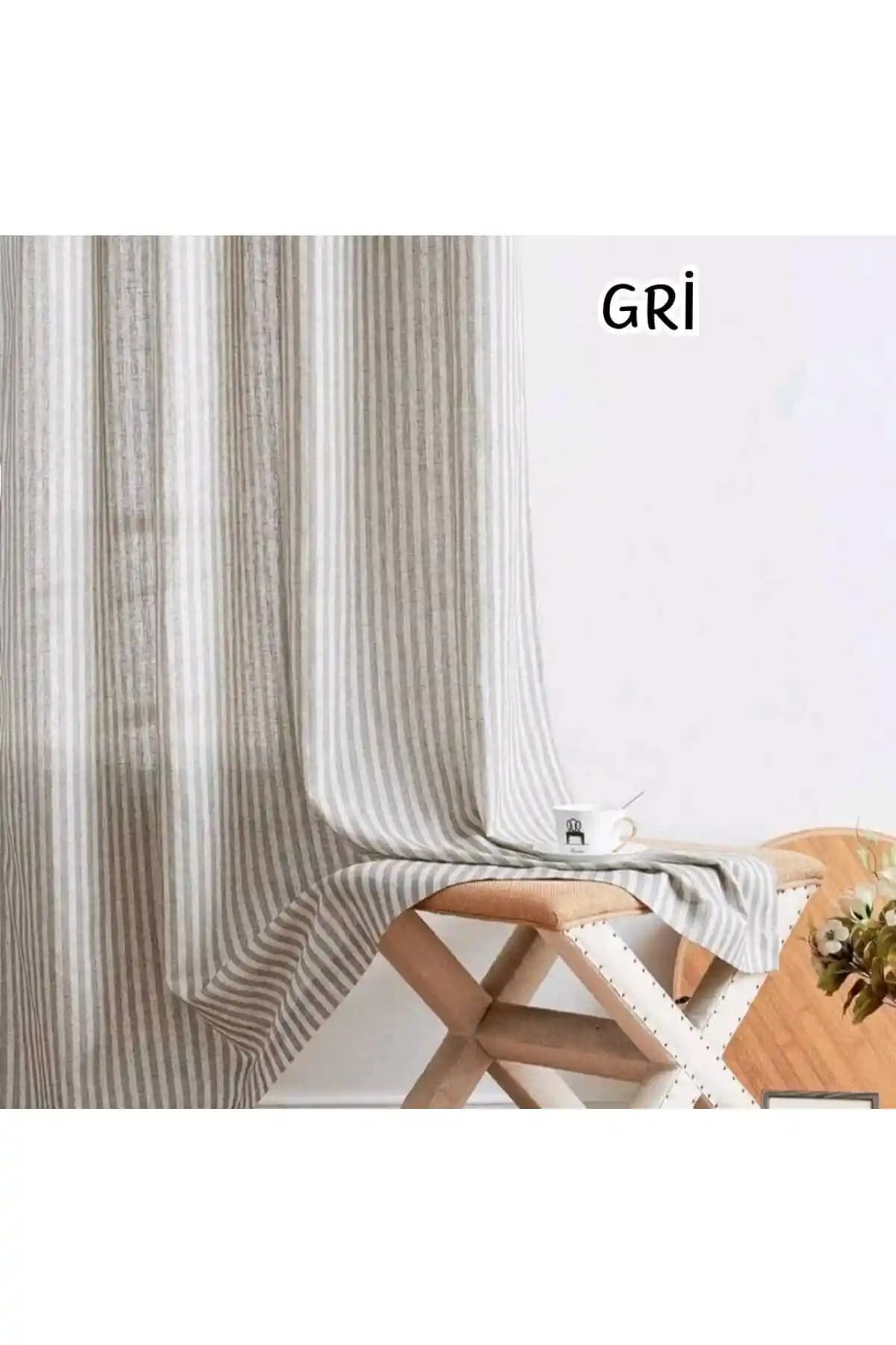 El Yapımı Gri Çizgili Keten Perde: Modern ve Vintage Tarzda Yüksek Kaliteli Dekorasyon Ürünü