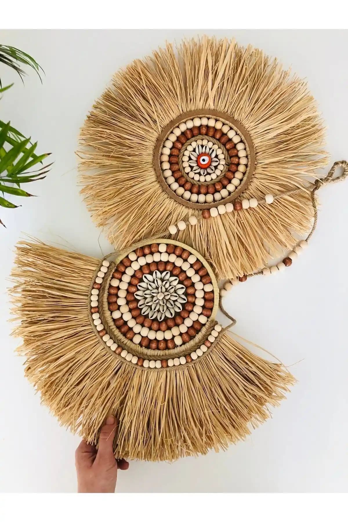 El Yapımı Rafya Duvar Panosu Doğal Ahşap ve Bohem Tarz Dekorasyon İçin Uygun