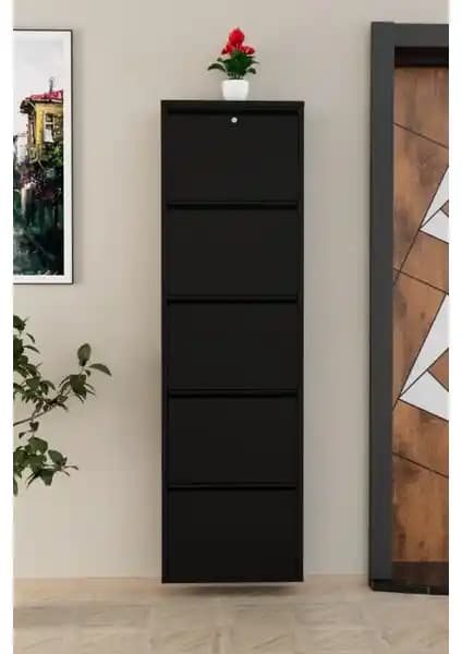 EVDEMO Kilitli 5 Kapaklı Metal Ayakkabılık Siyah Modern ve Güvenilir Depolama Çözümü