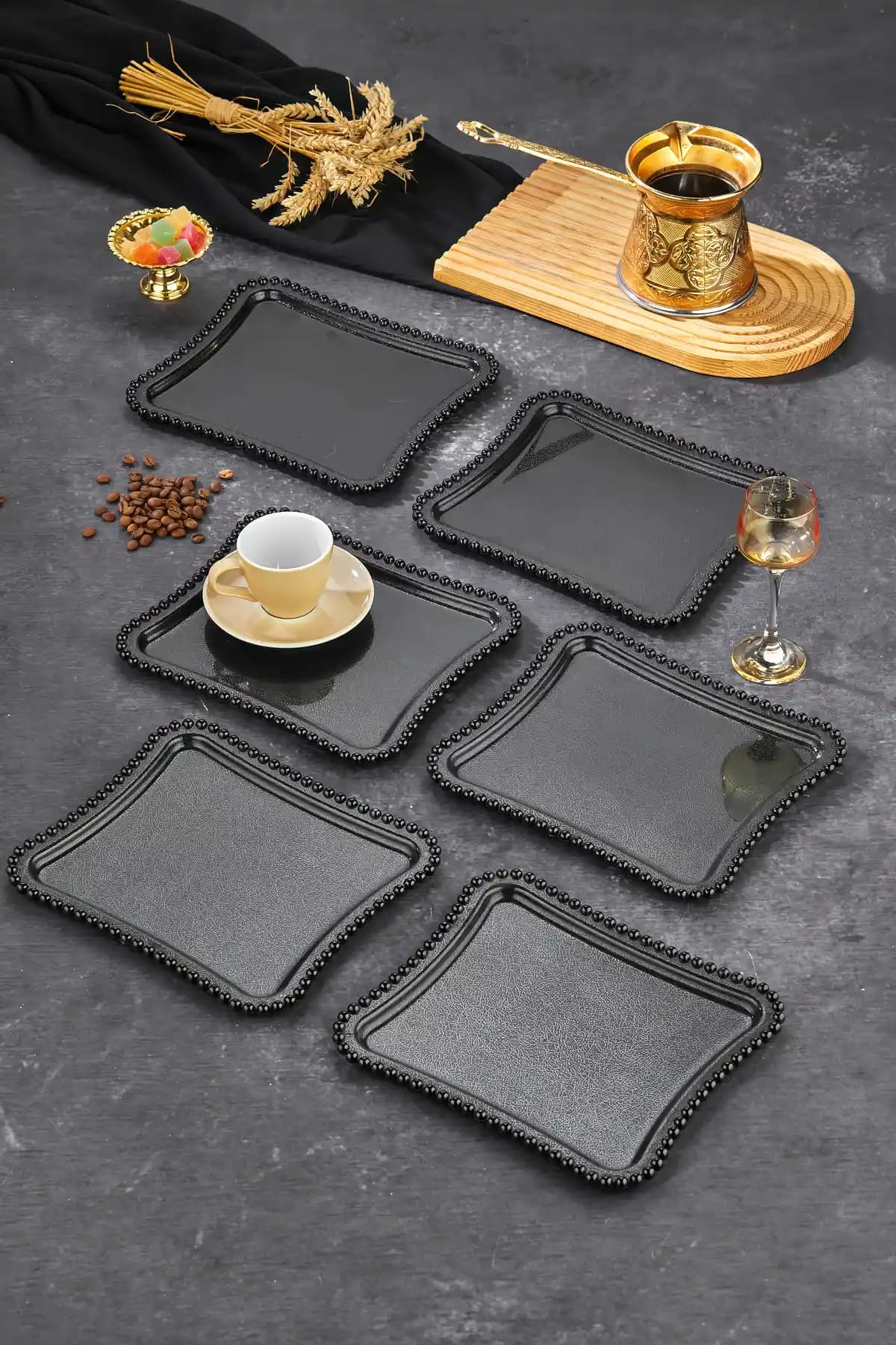 FBZhome Dekoratif Mika Kristal Siyah Kahve Sunum Tepsisi Seti 6'lı Modern Tasarım
