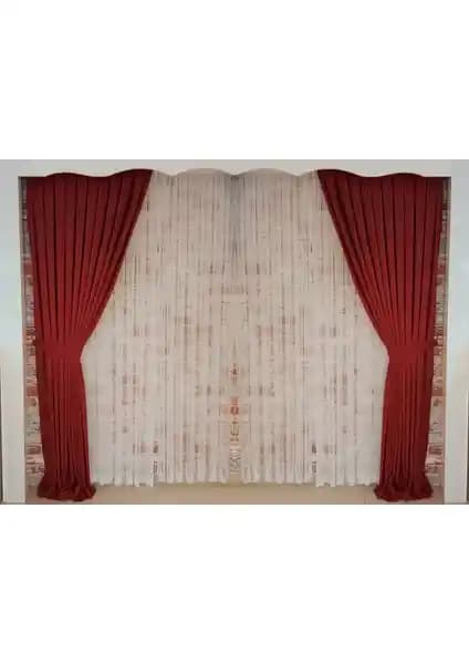 Figen Perde Bordo Renk Fon Kadife Perde Çift Kanat 1/3 Sık Pileli Dikim V-41