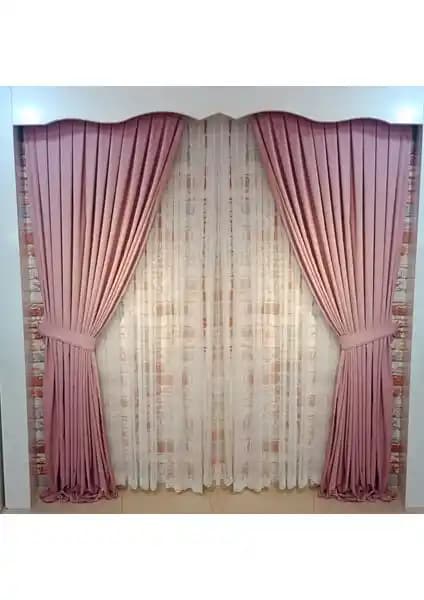 Figen Perde Koyu Gül Renk Kadife Fon Perde Çift Kanat 1/3 Sık Pileli Dikim V-28