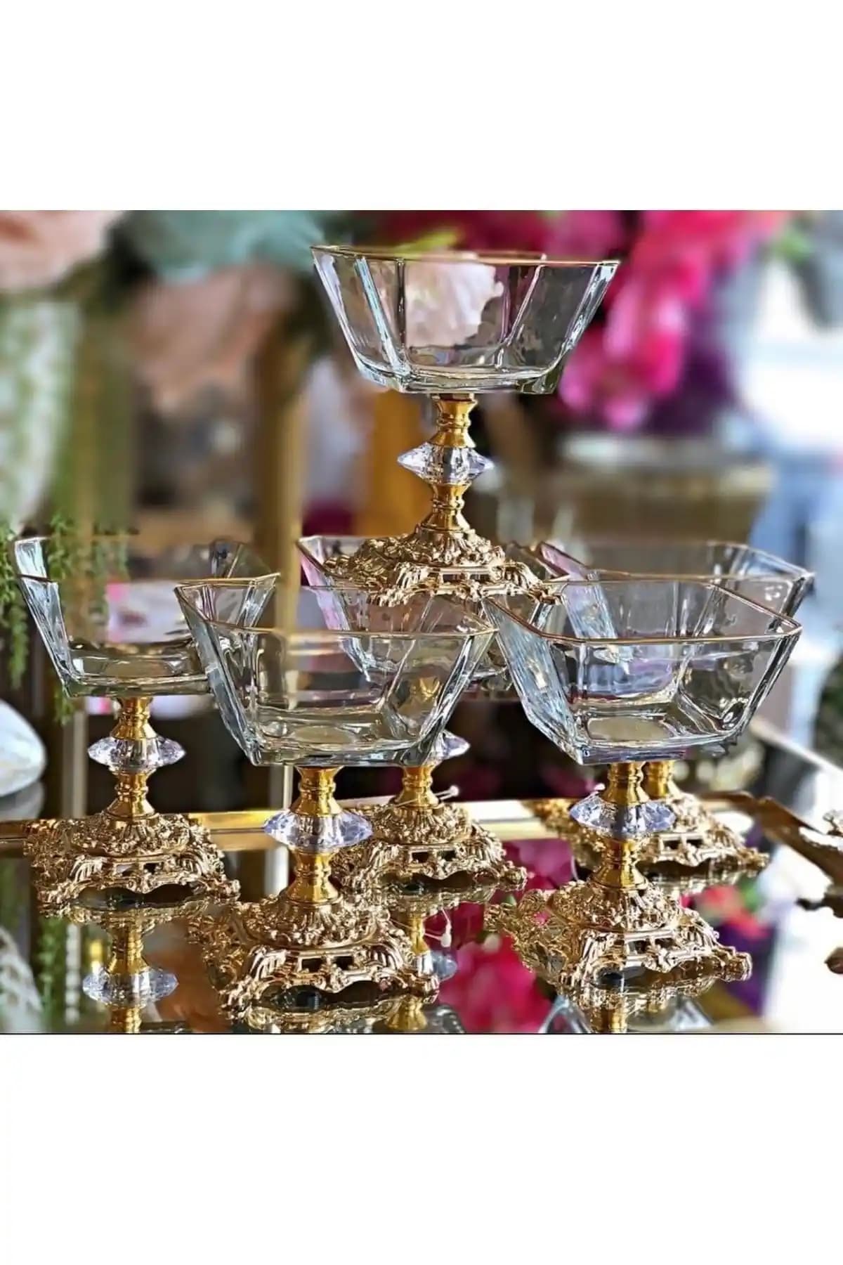 Genel Markalar Metal Ayaklı Cam Tatlı Dondurma Çerezlik Kase 6'lı Set Modern ve Şık Tasarım