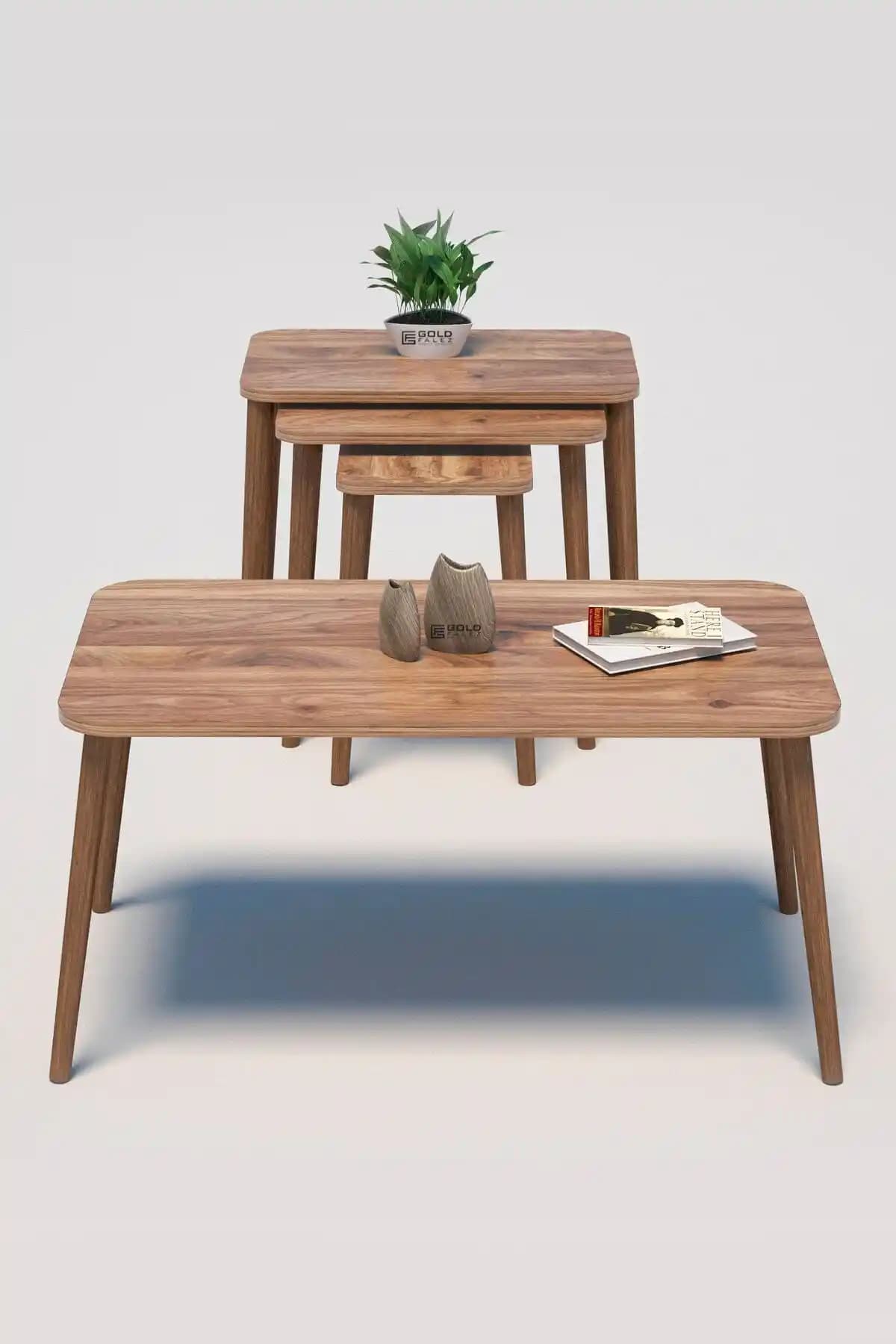 GOLDFALEZ Zigon ve Orta Sehpa Seti Ceviz Renk Modern ve Dayanıklı Oturma Odası Dekoru