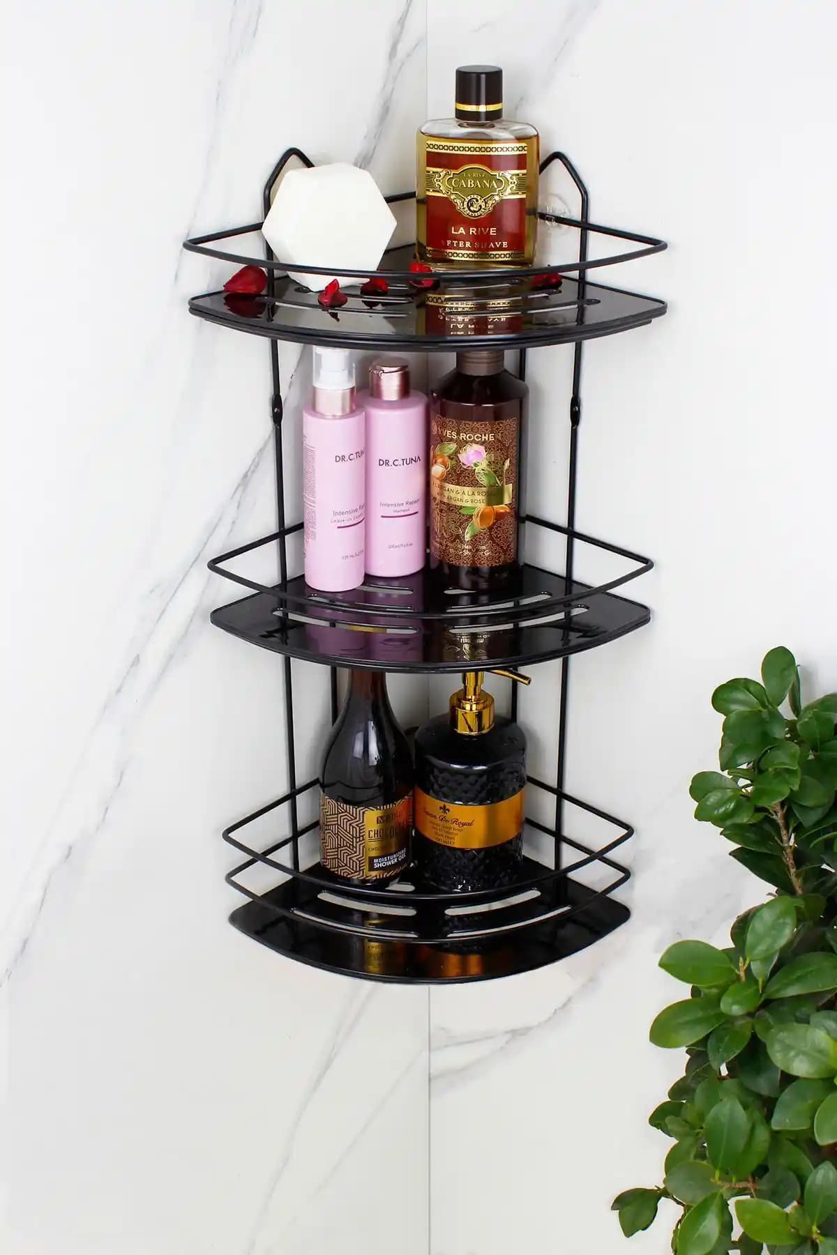 HIMYHOME Kristal Raflı Paslanmaz Çelik Üçlü Siyah Banyo Köşeliği Rafı