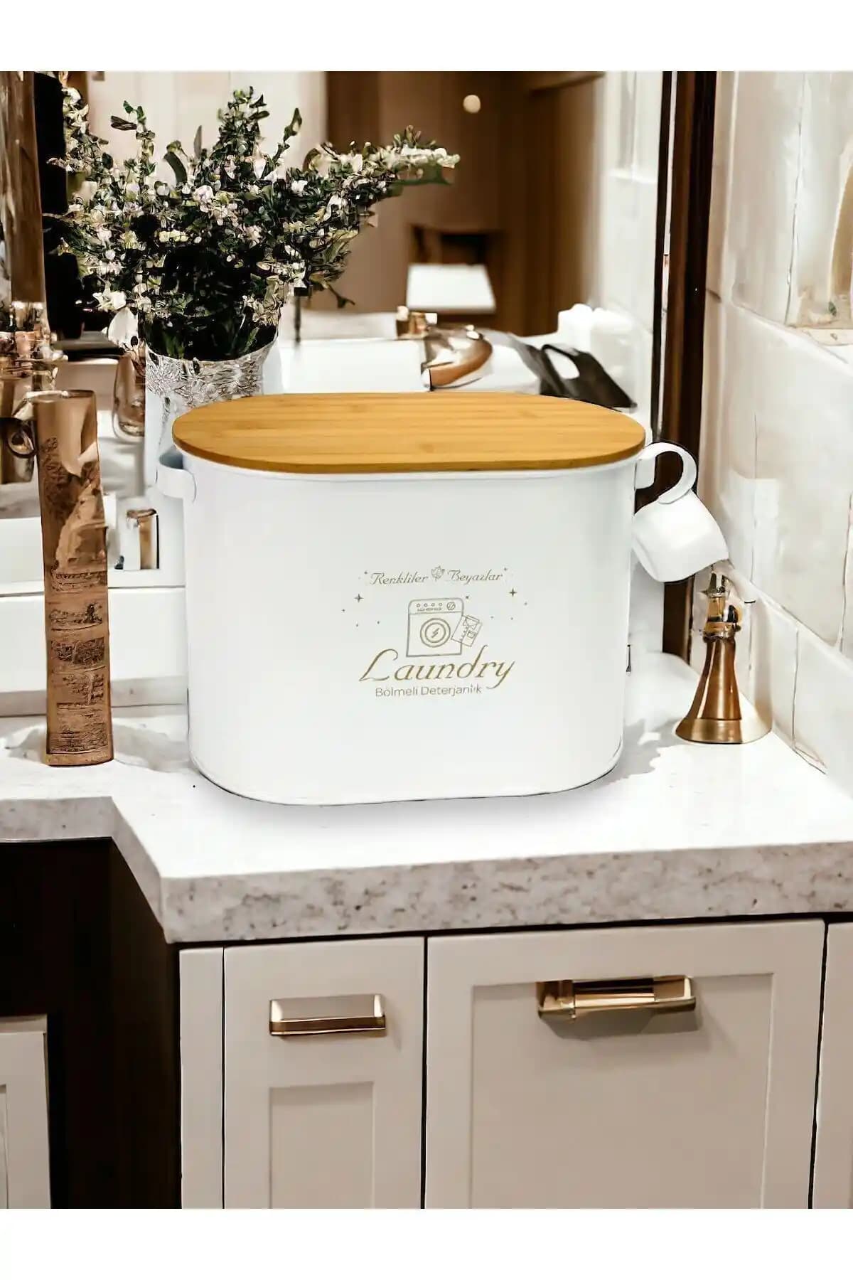 Hitfoni Bambu Kapaklı Metal Bölmeli Toz Deterjanlık Modern ve Dayanıklı Tasarım