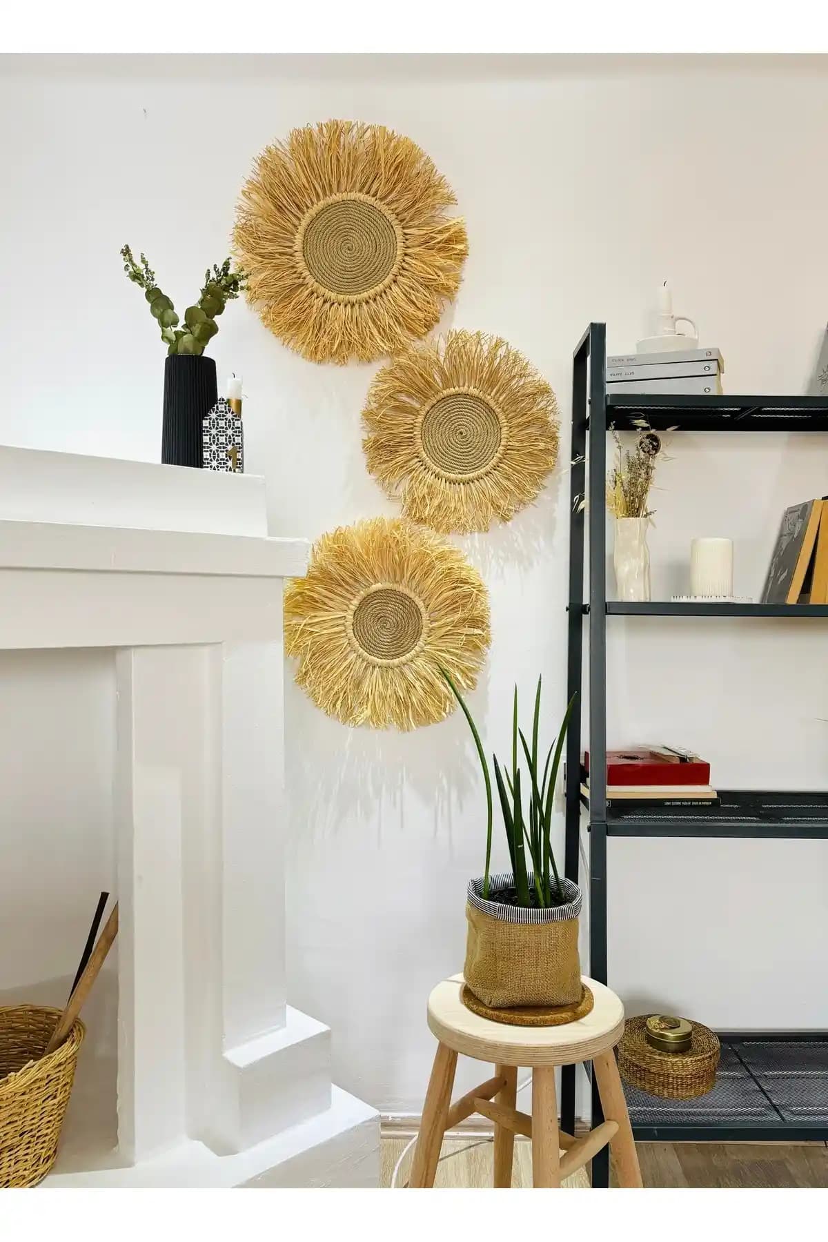 HOUSERİCH Bohem ve Nordic Tarz Doğal Rafya El Yapımı Duvar Süsleri 3'lü Set