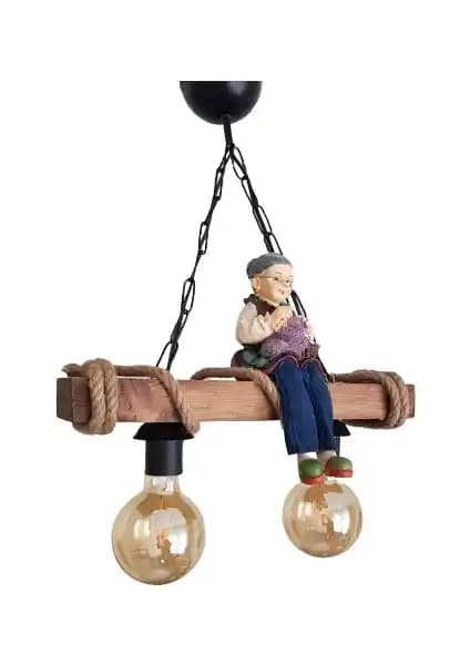 Hüma Tasarım 2'li Rustik Ahşap ve Halatlı Dekoratif Avize İç Mekan Şıklığı İçin