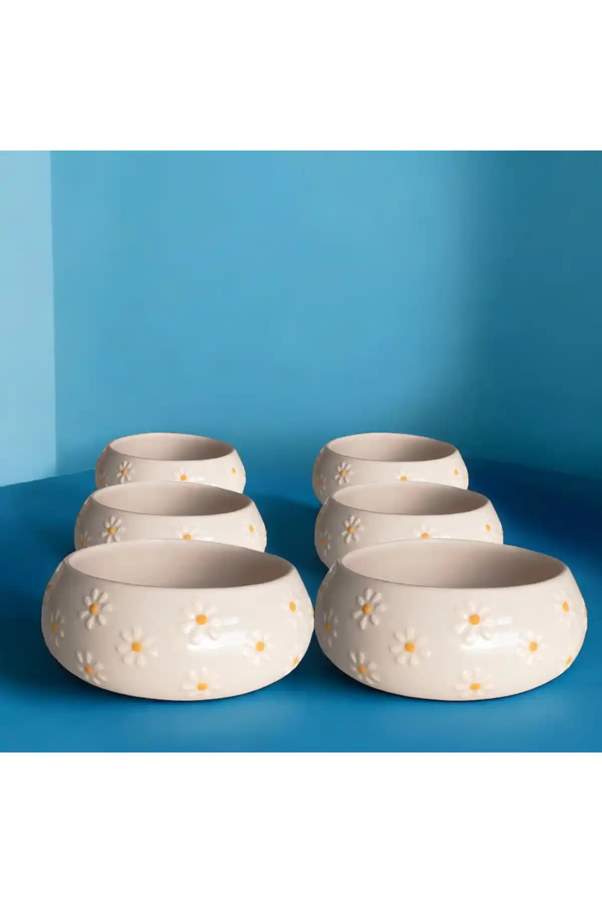 İlbay Çini Takı Poyraz Seramik 6'lı Kase Takımı Papatya ve Çayır Desenli Modern Tasarım