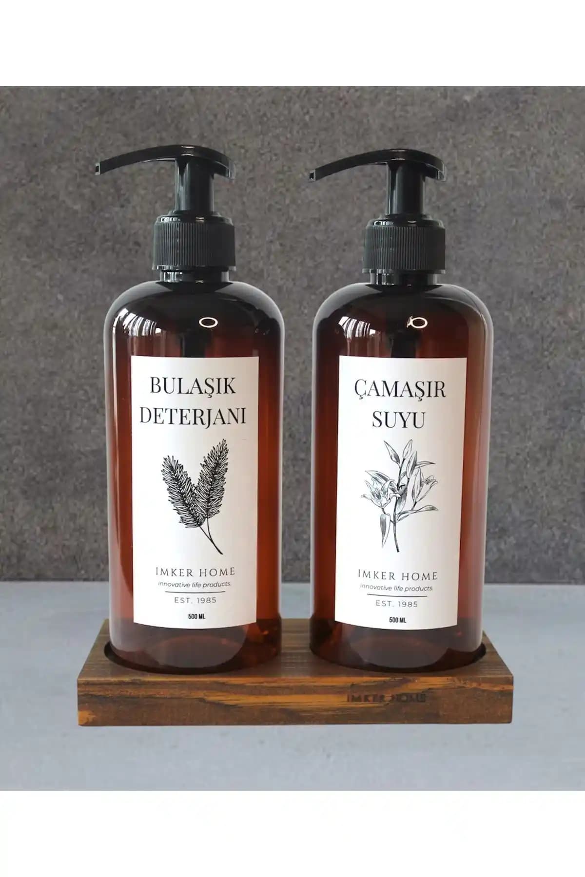 IMKER HOME Amber Kahverengi Ahşap Stantlı Bulaşık Deterjanı Şişesi Seti