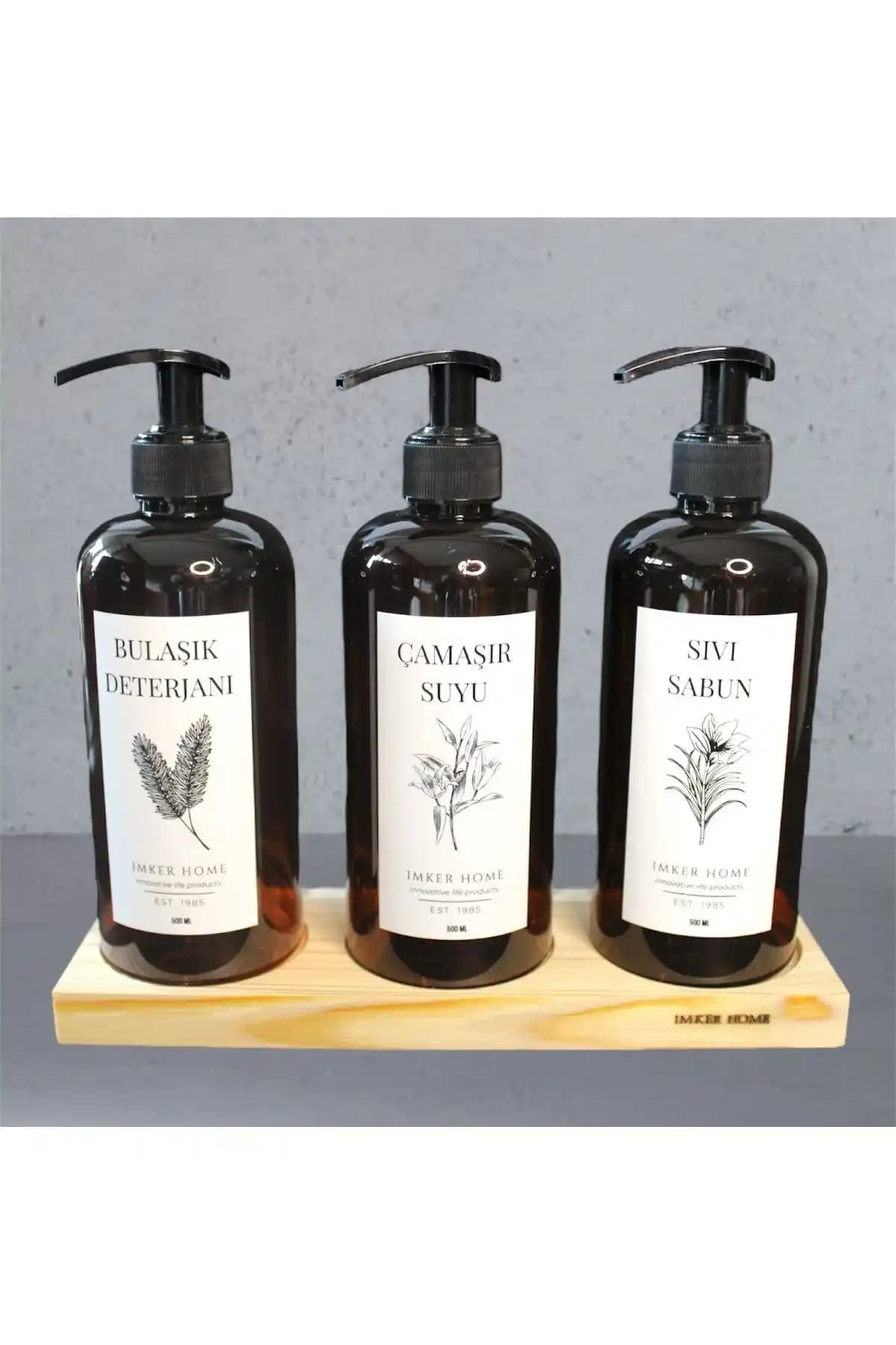 IMKER HOME Amber Serisi 3 Gözlü Ahşap Stantlı Deterjan ve Sıvı Sabunluk Seti