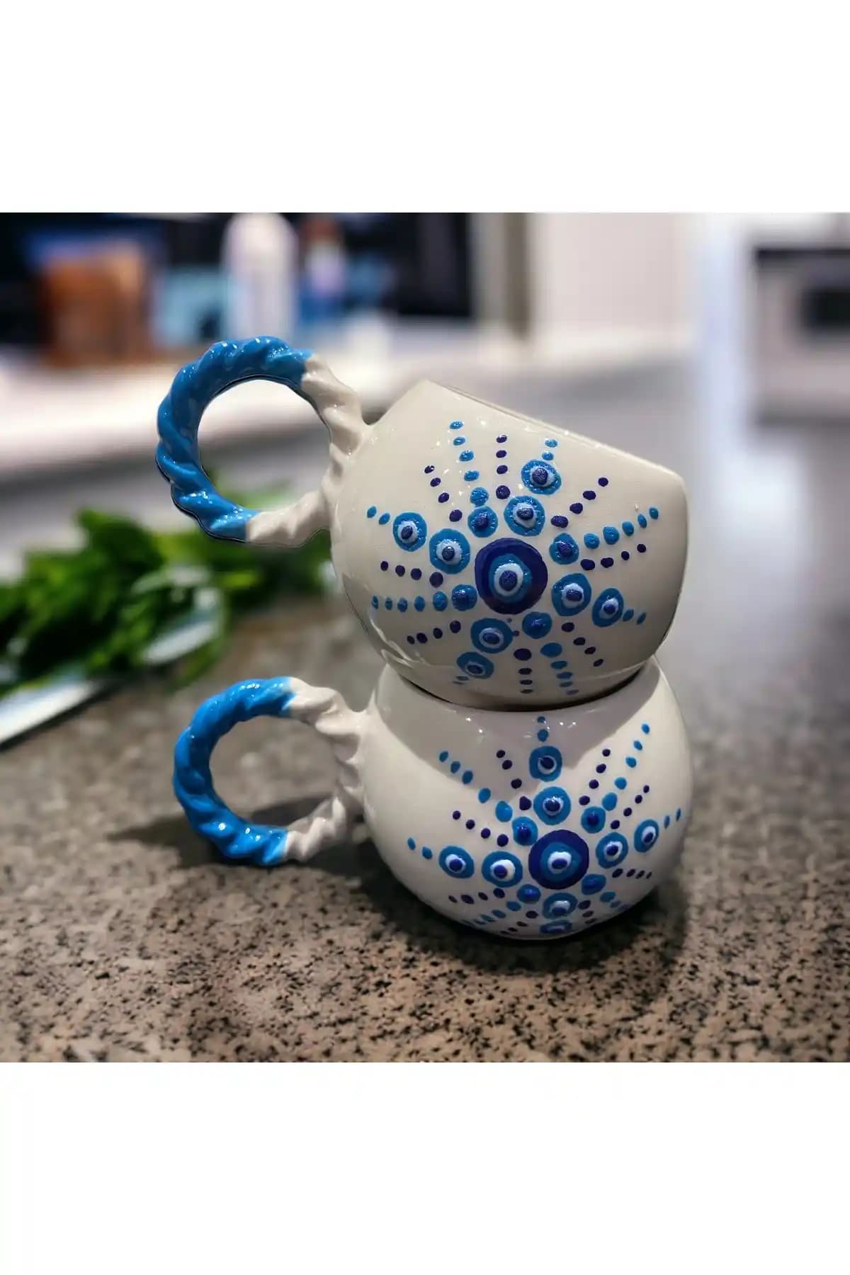 İZart 2’li örgü kulp baloncuk yıldız nazar desenli seramik kupa seti