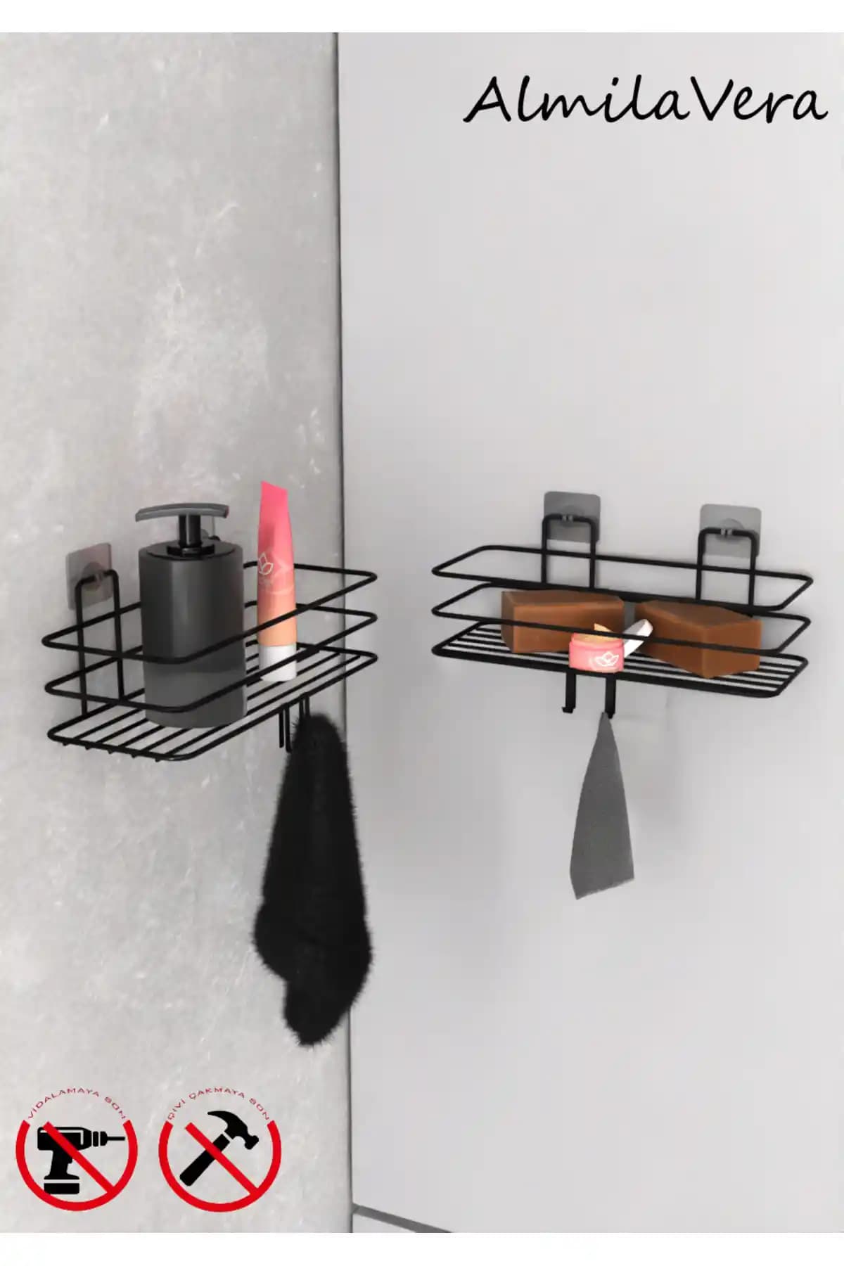 KapKacakAl Siyah Güçlü Yapışkanlı Kancalı Banyo Rafı Modern ve Dayanıklı Tasarım