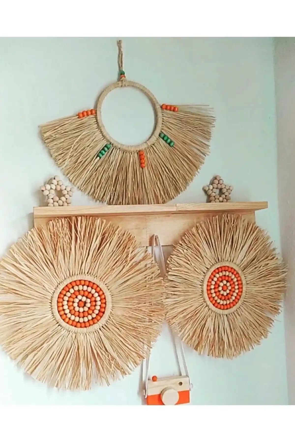 Kara.Shome Rafya Bohem 3'lü Duvar Aksesuar Seti El İşçiliği ve Doğal Tasarım