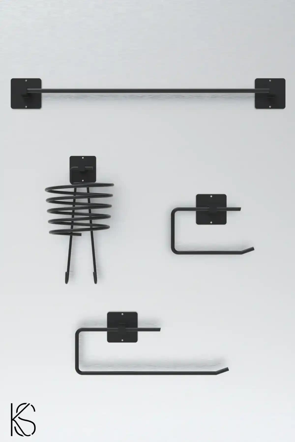 KILINÇ STORE Siyah Yapışkanlı 4'lü Banyo ve Fön Makinesi Askısı Seti