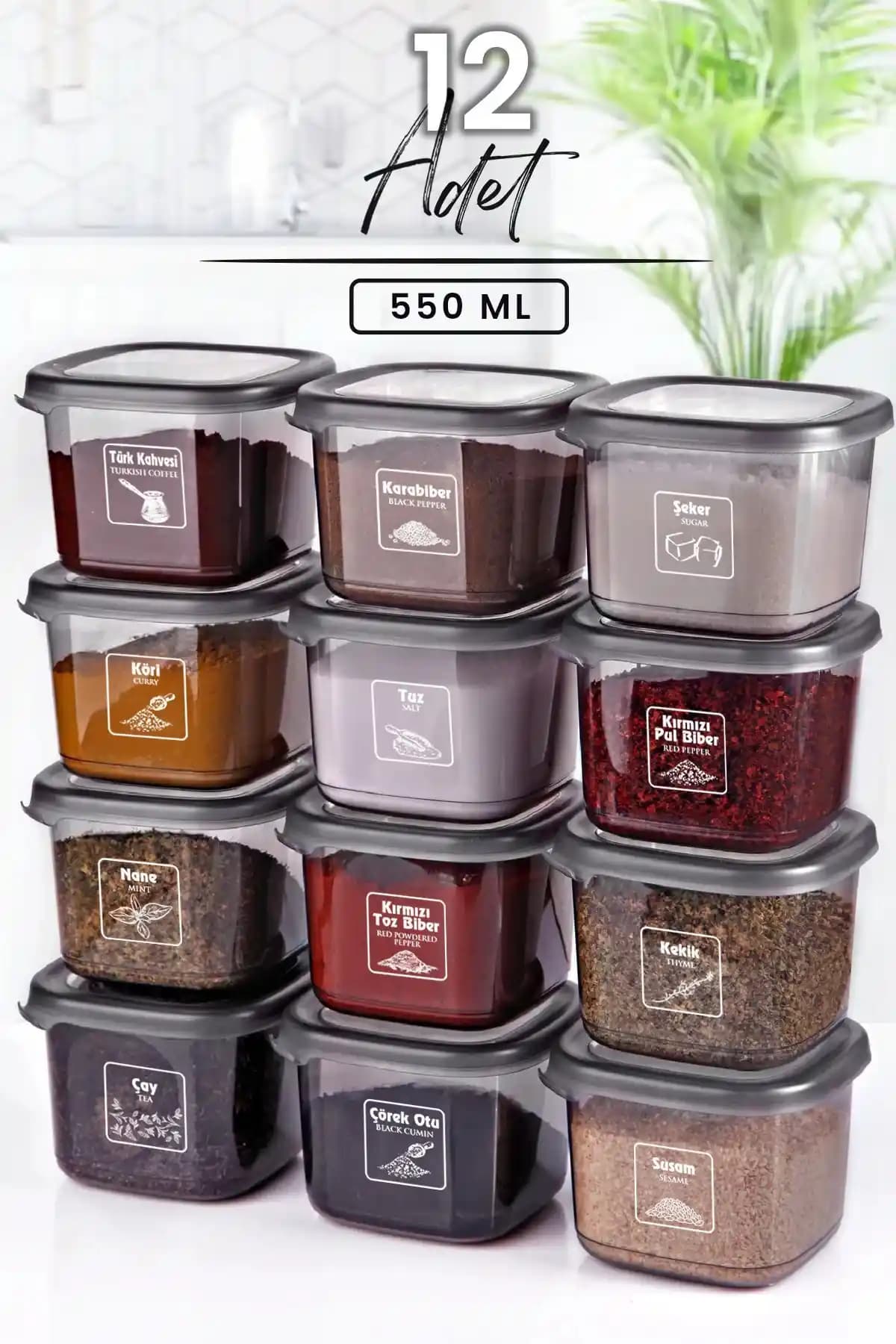 Kitchen Life 12 Adet Kare Baharatlık Takımı: Şık ve Dayanıklı Mutfak Saklama Çözümü