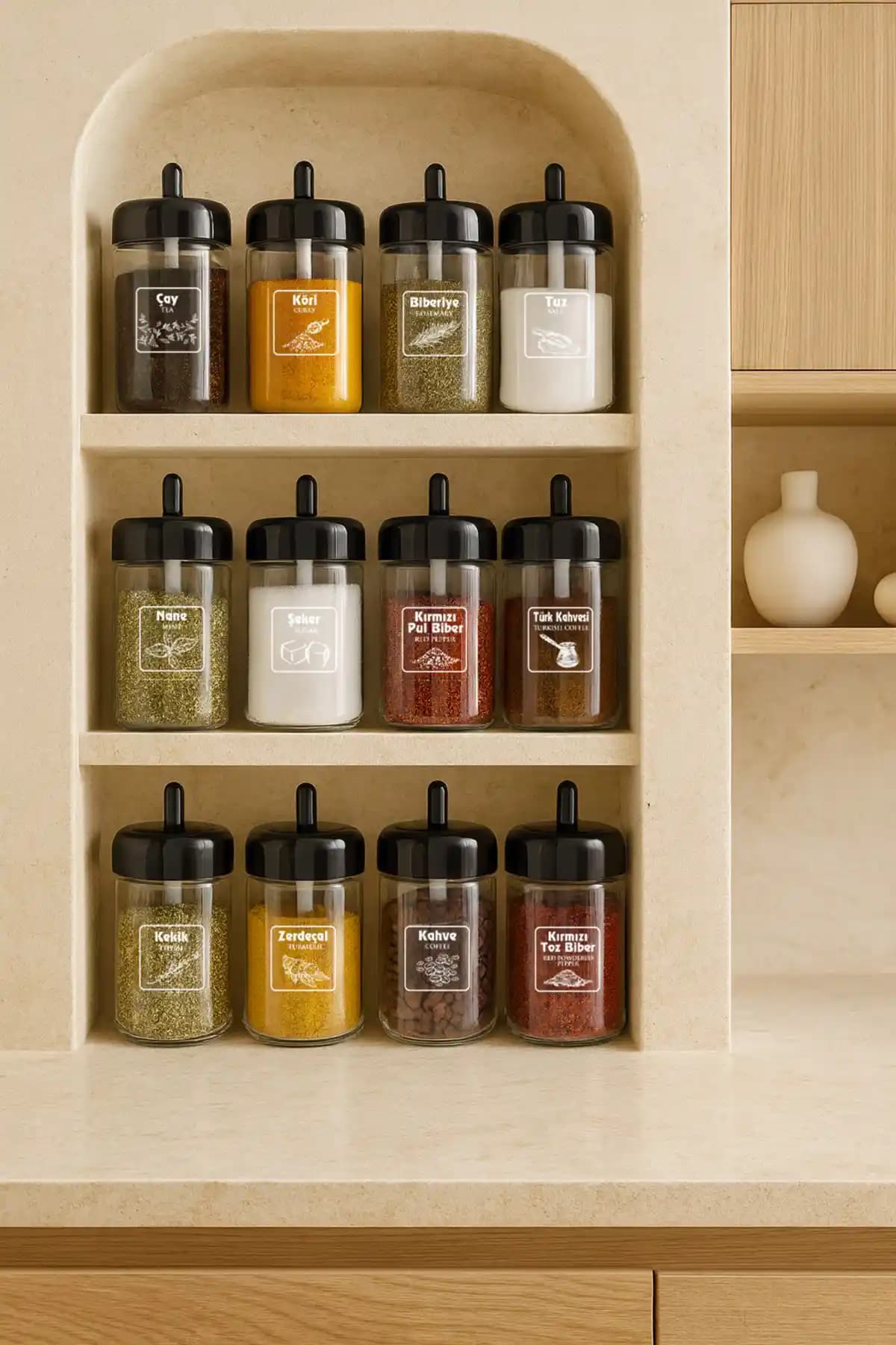 Kitchen Life 12'li Kendinden Kaşıklı ve Etiketli Cam Baharatlık Seti ile Mutfakta Düzen ve Estetik