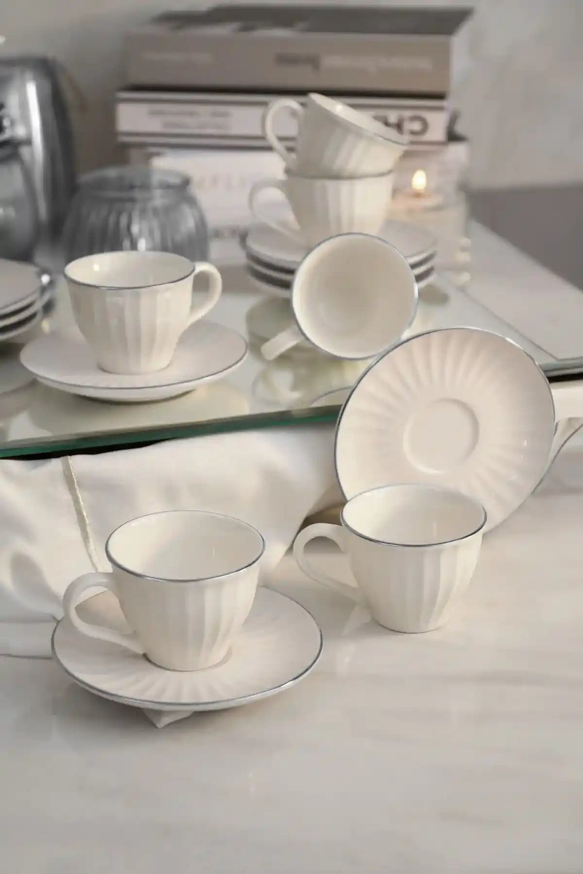 Kitchen Life 12 Parça 6 Kişilik Çizgili ve Platin Gümüş Kahve Fincan Takımı