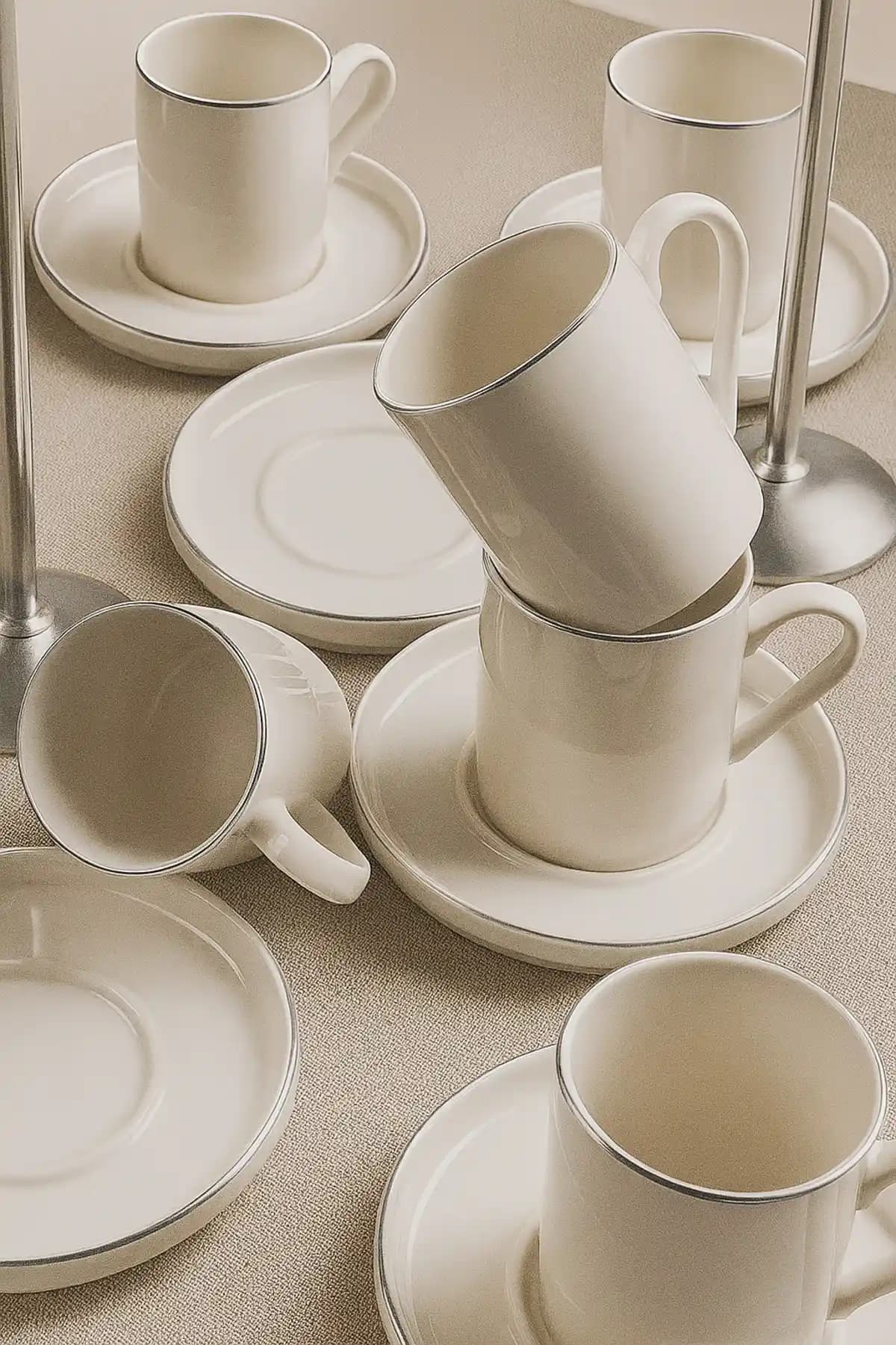 Kitchen Life 12 Parça 6 Kişilik Stackable Platin Yaldızlı Kahve Fincan Takımı