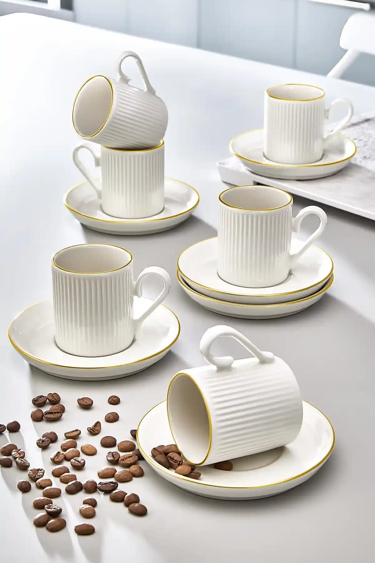 Kitchen Life Porselen 12 Parça Altın Yaldızlı Çizgili Kahve Fincan Takımı 6 Kişilik