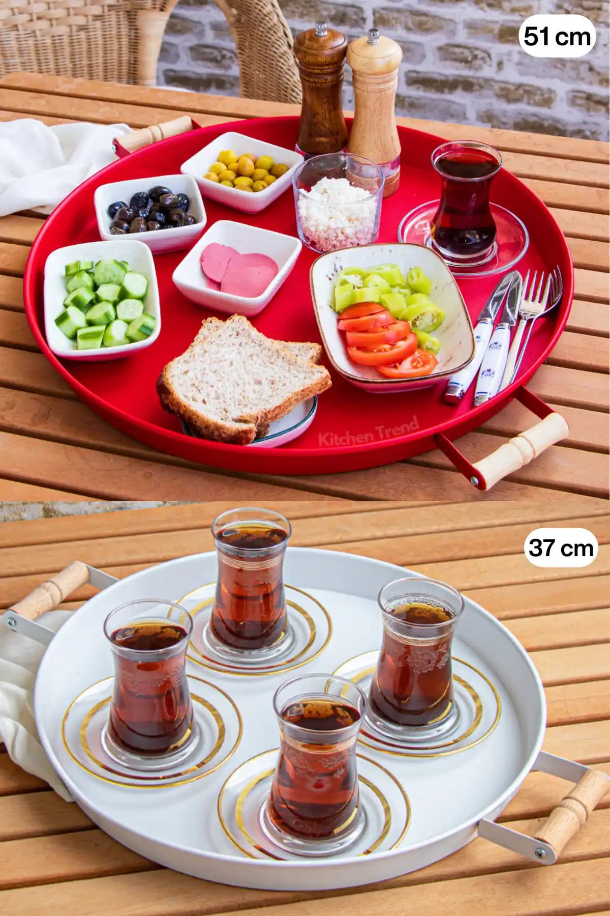Kitchen Trend 51 cm Kırmızı ve 37 cm Beyaz Metal Yuvarlak Tepsi Seti ile Şık Sunumlar