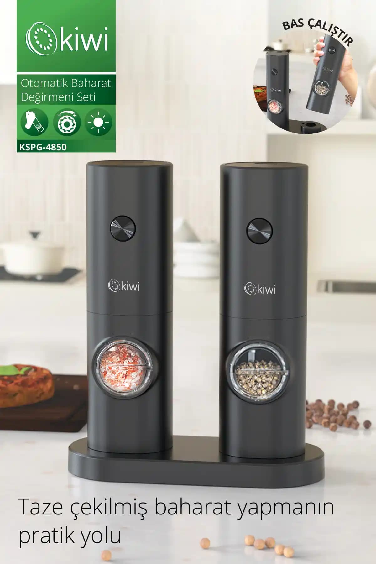 Kiwi Pilli Işıklı Tuz ve Karabiber Değirmeni Modern ve Pratik Mutfak Kullanımı İçin