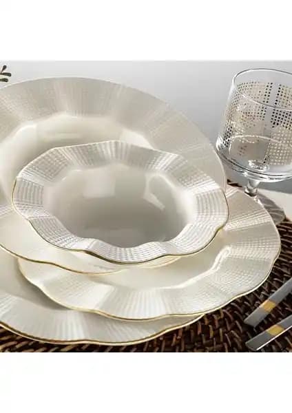 Kütahya Porselen 24 Parça Milena Krem Fileli Yemek Takımı Şık ve Dayanıklı Sofra Seti
