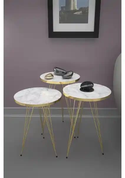 Limnizza 3'lü Gold Metal Ayaklı Efes Beyaz Mermer Desenli Zigon Sehpa Seti