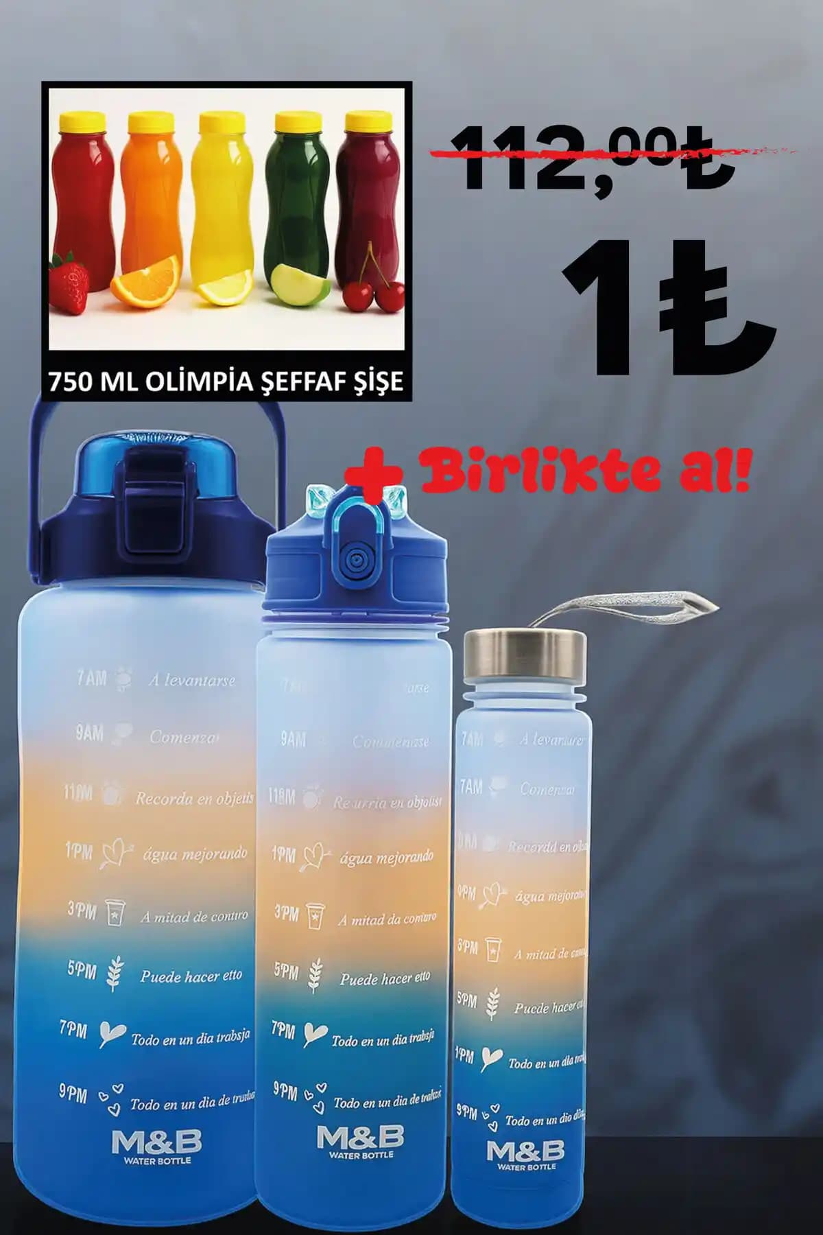 M&B Water Bottle 3'lü Motivasyonel Su Şişesi Seti Sağlıklı Yaşam ve Günlük Kullanım İçin