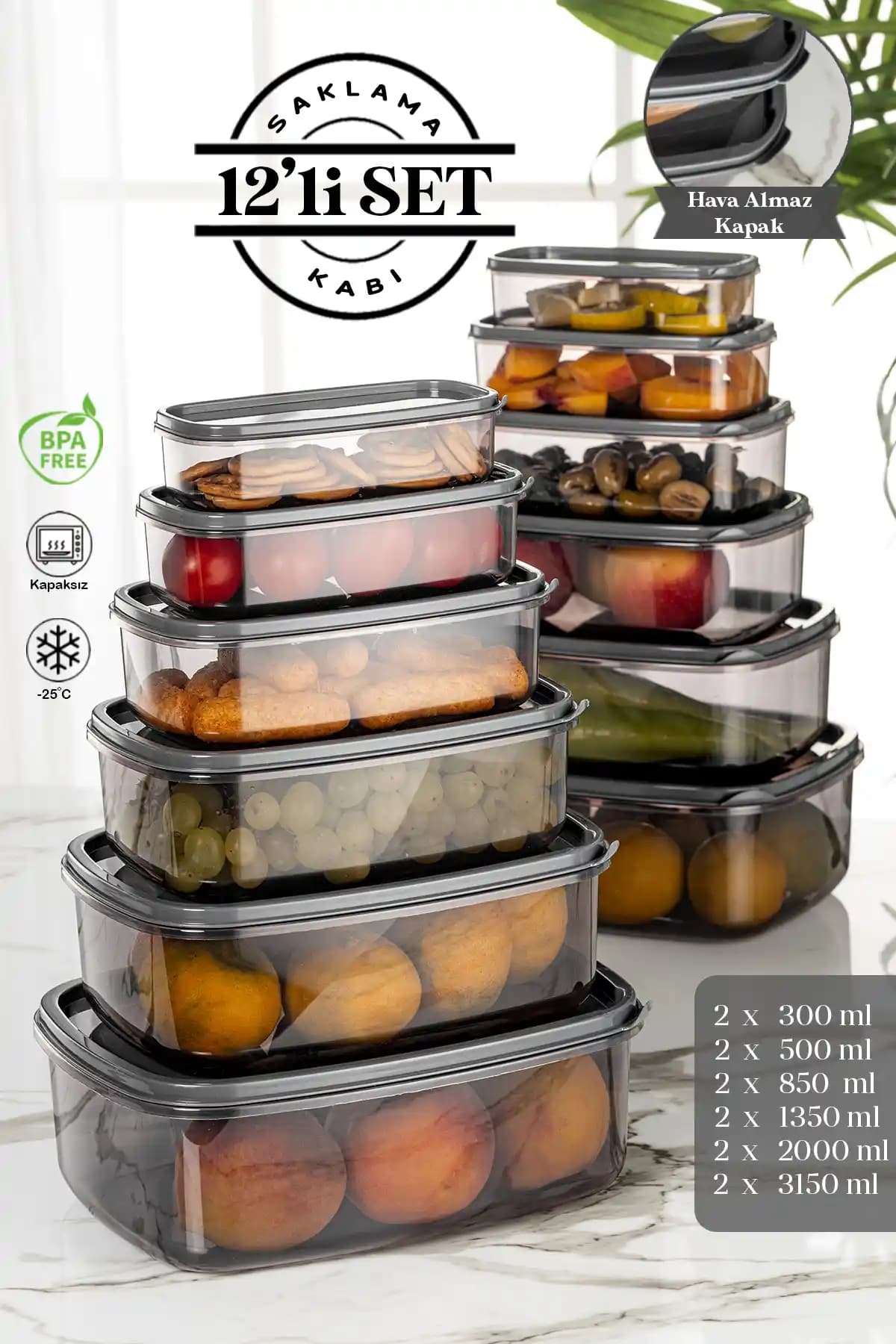 Meleni Home 12'li Dikdörtgen Saklama Kabı Seti Gri Platin Serisi Yiyecek Saklama Çözümü