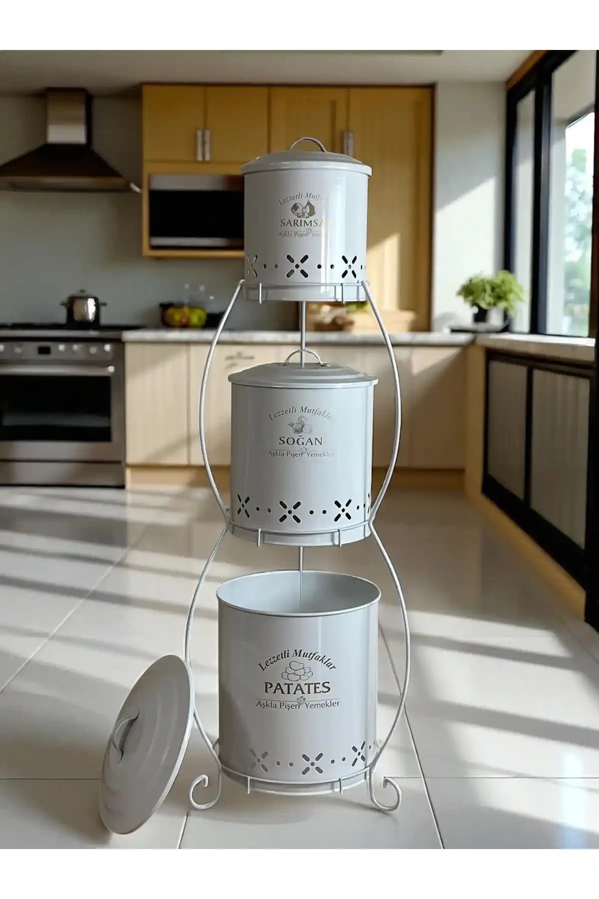 Metalshop 3 Katlı Ferforje Patates ve Sebze Kovası Şık ve Dayanıklı Mutfak Saklama Çözümü