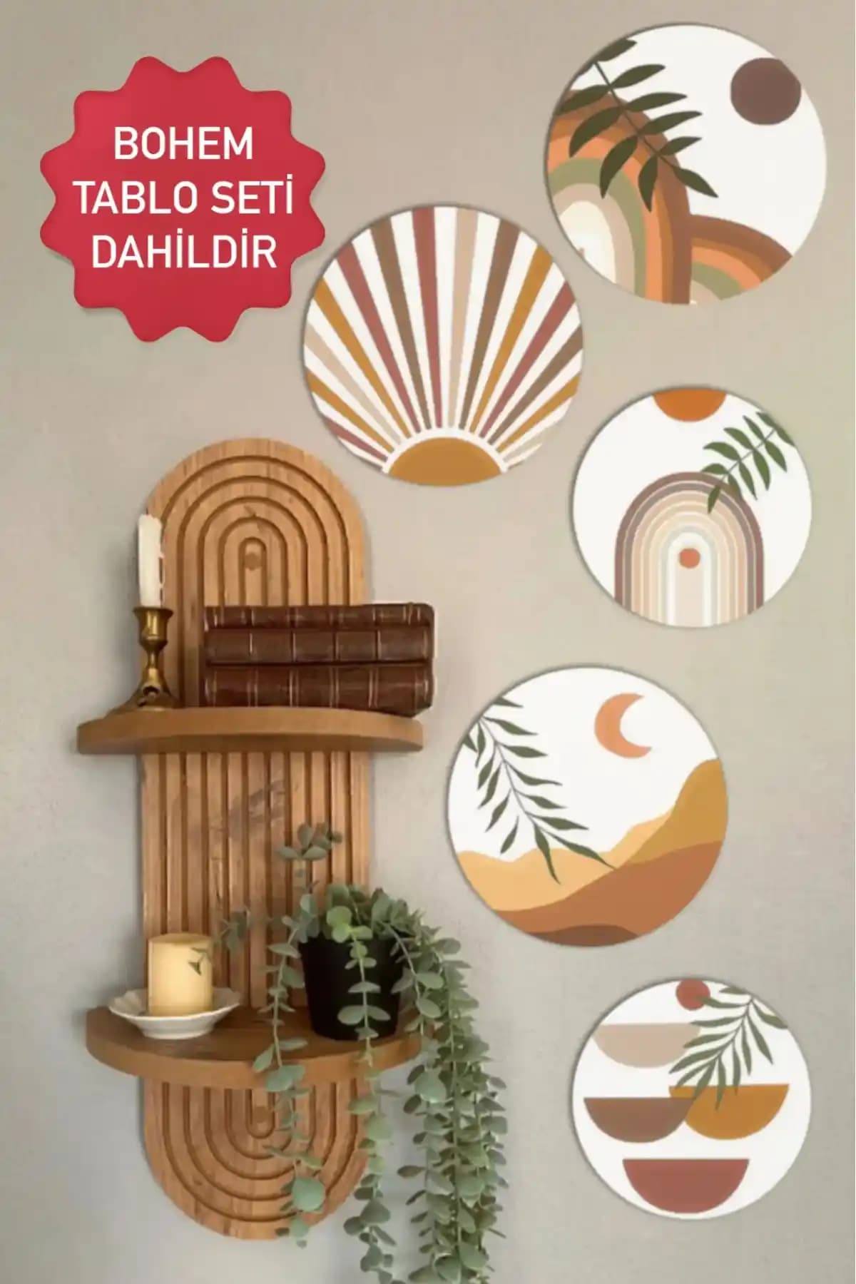Modern ve Doğal Ahşap Duvar Rafı ve Dekoratif Oval Tablo Seti
