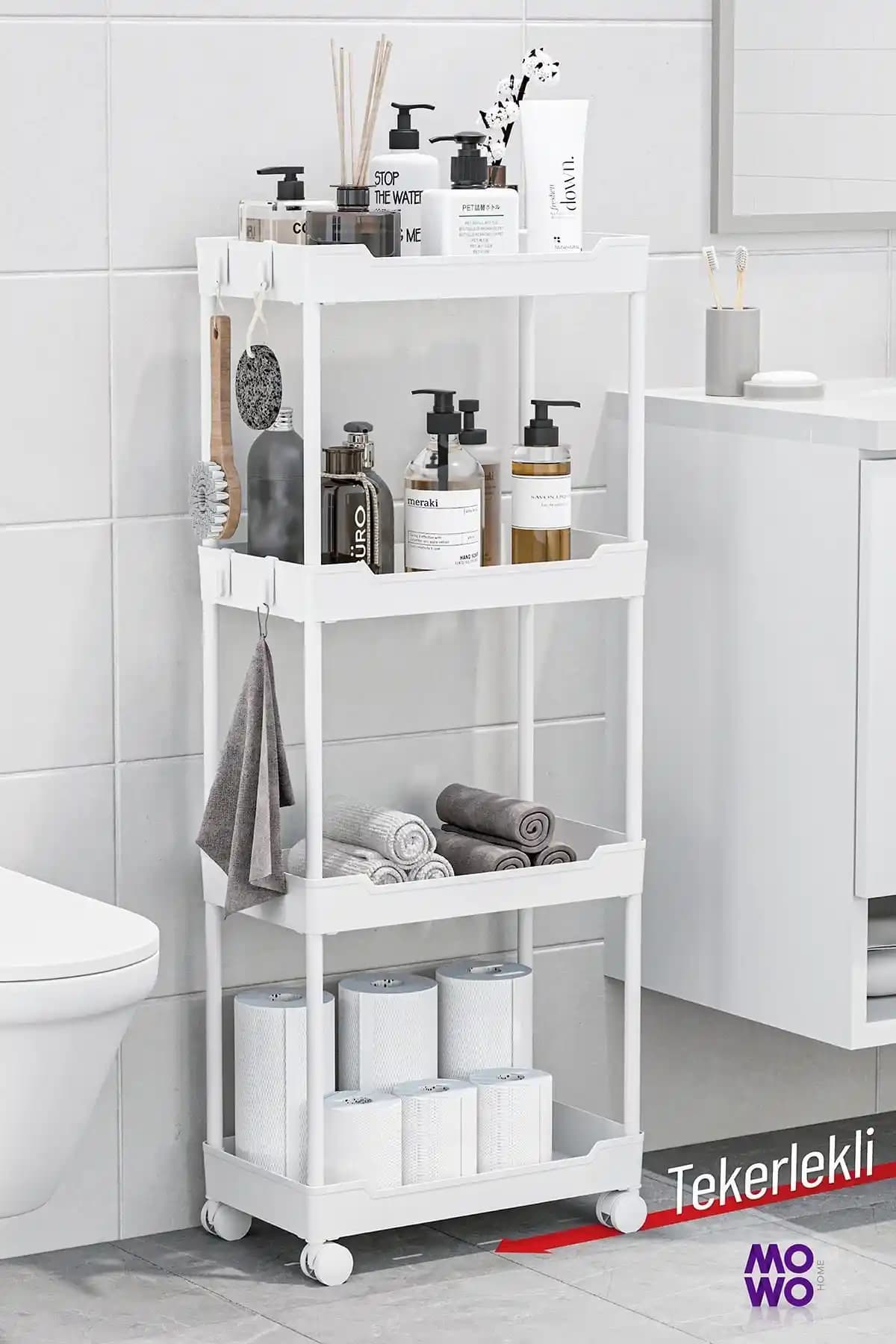 Mowo Home 4 Katlı Beyaz Tekerlekli Raf Sistemi Ev ve Ofis Kullanımı İçin Uygun