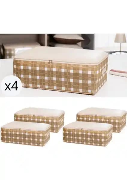 Nacarev 4 Adet Büyük Boy Kare Desenli Ekose Bej Hurç Seti Ev ve Seyahat Kullanımı İçin